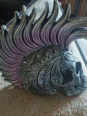 Decorative Silver Skull with Purple Mohawk Home Art Accent
